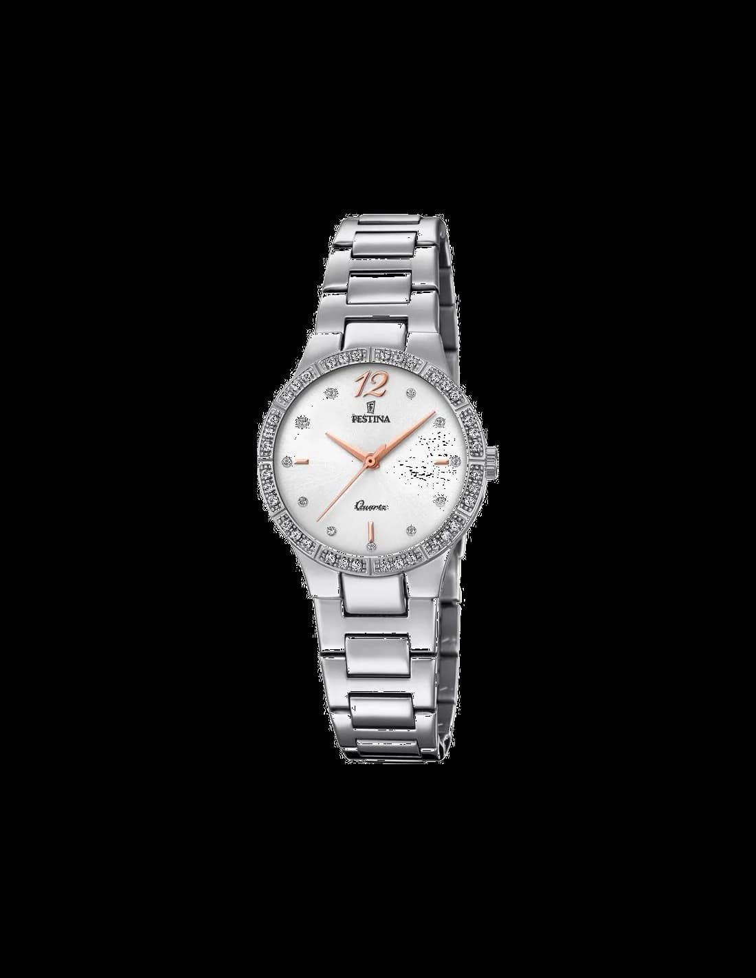 Montre Festina F20240/1 au cadran blanc nacré orné de cristaux, aiguilles bleues et index dorés, style élégant et raffiné