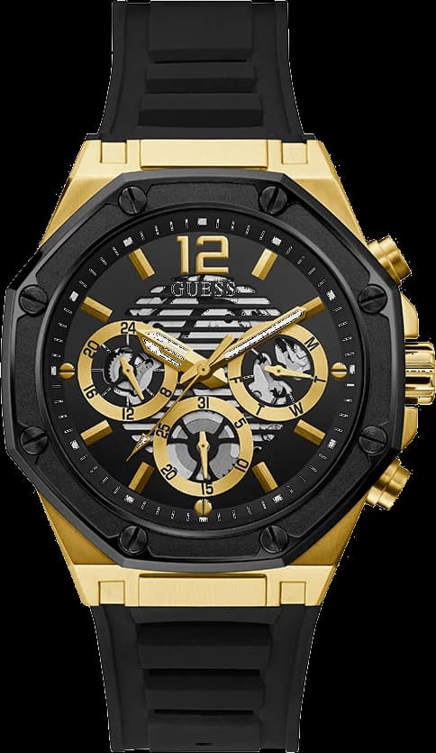 Montre Guess GW0263G1 au boîtier gold tone 44mm et cadran noir multifonction, style moderne et sport-chic