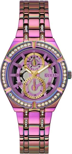 Montre Femme Guess Allara GW0604L4 bracelet acier arc-en-ciel cadran squelette cristaux multifonctions