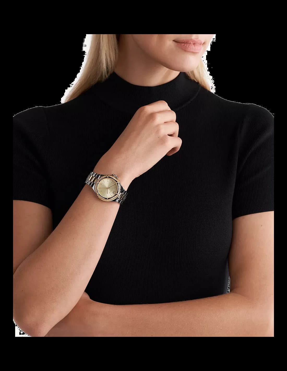 Boîtier Michael Kors MK6988 rond en acier bicolore, lunette lisse, profil fin et raffiné