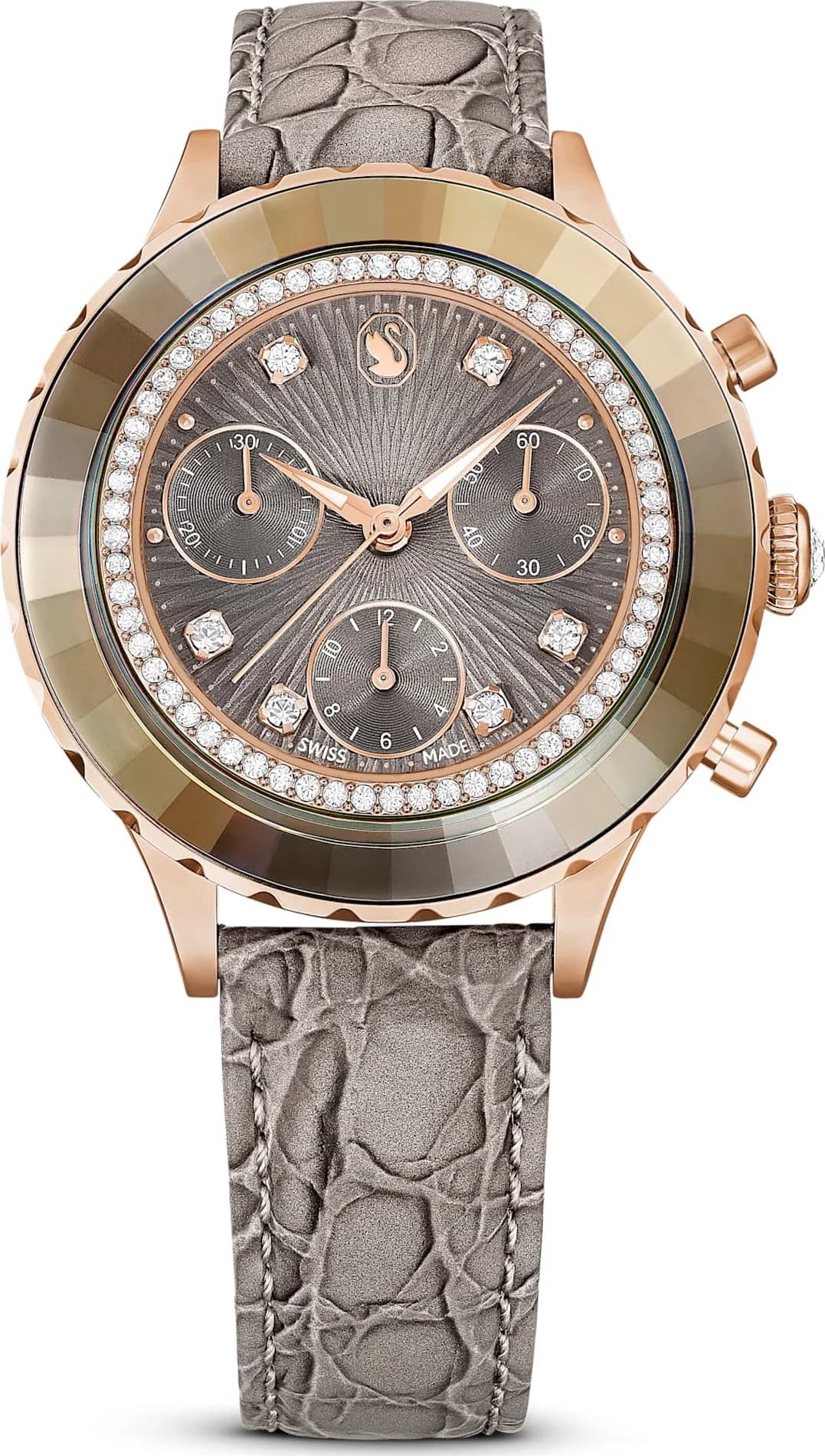 Montre Swarovski Octea Lux Chrono 5671153 bracelet cuir gris finition or rose
