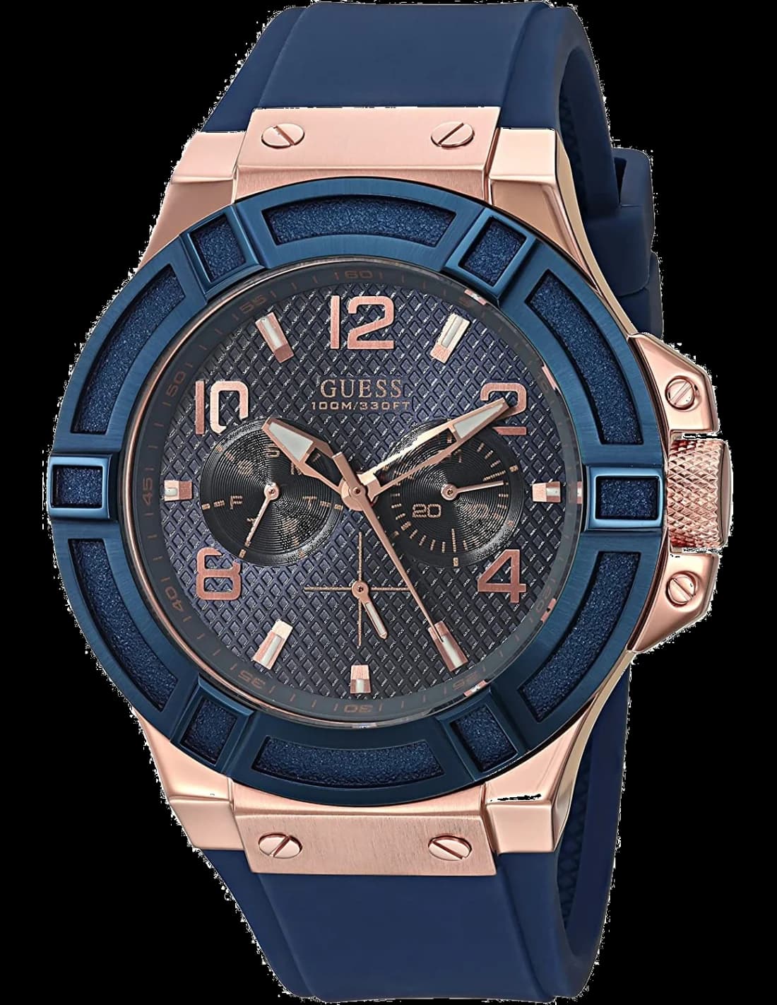 Montre Homme Guess Rigor W0247G3 cadran doré rose bracelet silicone bleu